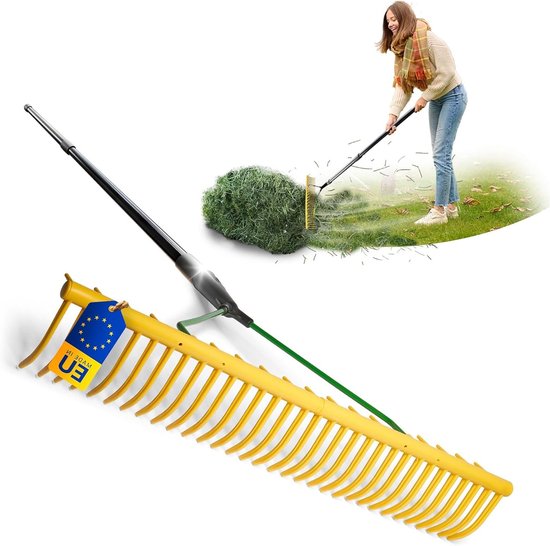 Hooihark met Telescoopsteel - Tuinhark Gazonhark - Tuin Onderhouden - 16 Dubbelzijdige Tanden - 64 cm Werkbreedte - Geel