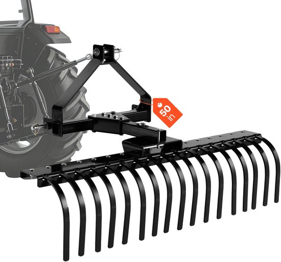 Hooihark voor tractor - Landhark 3-puntsophanging Categorie 1 - Werkbreedte 127 cm - 17 Stalen Tanden - In Hoek Verstelbaar - Voor Gras, Takken en Maaisel