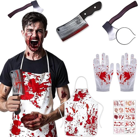 Horrorpak voor Halloween met Bloedige Schort, Bijl, Slagersmes, Bloedige Handschoenen en Littekentattoos - Perfect voor Feestjes en Cosplay