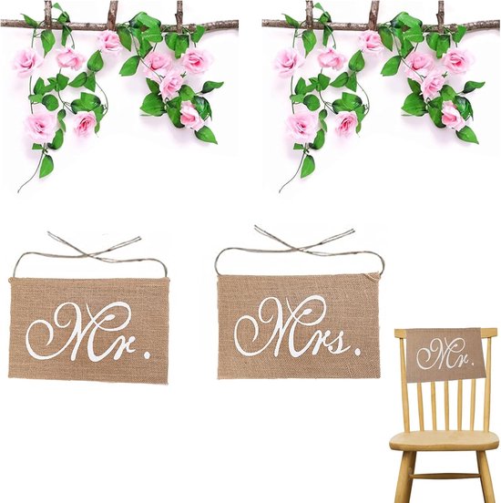 Hoshisea 2 stuks Mr en Mrs Stoel Teken Garland, Stoel Banner Set, 2 stuks Fake Silk Rose Vine, voor Stoel Logo, Tuin Bruiloft Versieren, Landelijke Feestdecoratie van Hoshisea