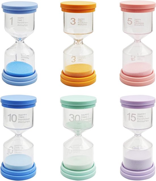 Hourglass Timer Set - 6-Piece - Kleurvolle Zandlopers - 1 Minute - 3 Minute - 5 Minuten - 10 Minuten - 15 Minuten - 30 Minuten - Zandlopers voor Kinderen - Tijdbeheer voor Thuis - Spellen - Keuken van Merkloos	