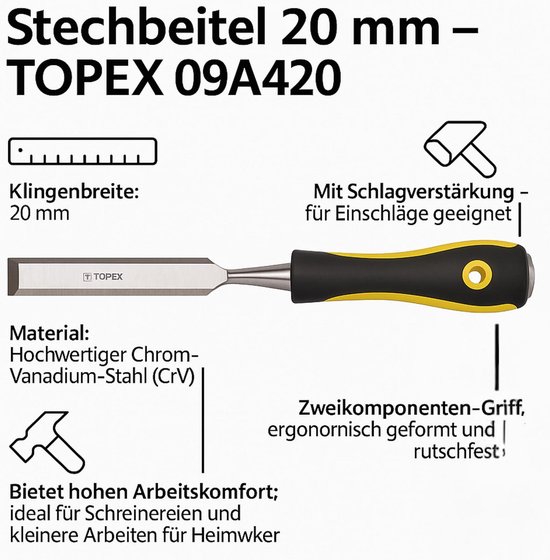 Houtbeitel 20mm CV-staal Bi-materiaal Handvat - Houtbewerking van Merkloos	