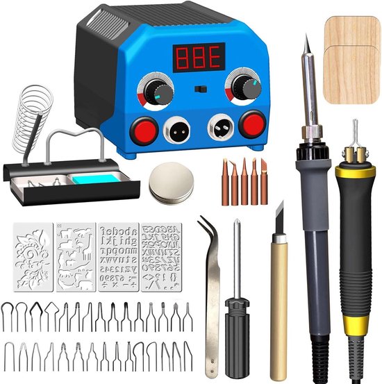 Houtbrander Set - Pyrografie Apparaat - Hout en Leer Branden - Dubbele Pen Houder - 110 Watt - Zwart