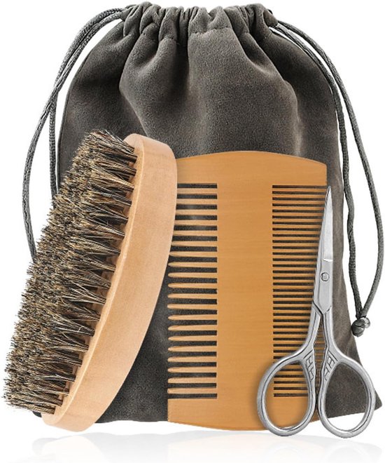 Houten Baardborstel met Varkensharen en Kam Set - 4 Delen Baardverzorgingsset voor Mannen - Dagelijkse Baardverzorging en Geweldig Cadeau voor Mannen van Apcis