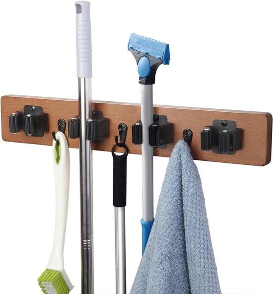 Houten Bezem Mop Houder Muurbevestiging Organizer met 4 Rekken 3 Haken van Merkloos	