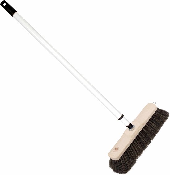 Houten binnenbezem 28 cm inclusief metalen telescoopsteel wit 80 - 130 cm - Zachte kamerbezems van Houten