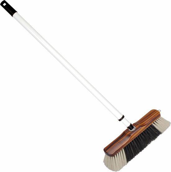 Houten binnenbezem 28 cm inclusief metalen telescoopsteel wit/bruin 80 - 130 cm - Zachte kamerbezems van Merkloos	