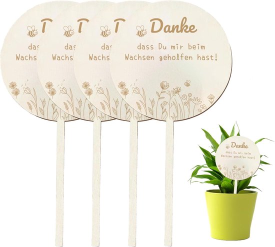 Houten Bloemensteker Set van 4 - Afscheids cadeau voor Kleuterschool en Opvoeder