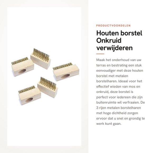 Houten Borstel - 5 Metalen Borstelkoppen - Onkruidverwijderaar - Terrasreiniger - Schraper - Hoge Dichtheid Borstelharen - Onkruidborstel