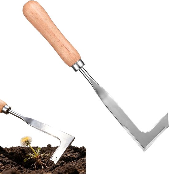 Houten handvat onkruid schraper met roestvrijstalen mes, ideaal voor onkruidverwijdering en tuinonderhoud