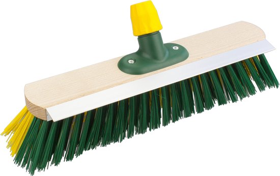 Houten harde straatbezem/buitenbezem kop met aluminium schraper elaston groen/geel 40 cm - Bezems met universele steelhouder van Elaston