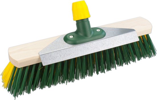 Houten harde straatbezem/buitenbezem met aluminium schraper elaston groen/geel 40 cm van Sorbo