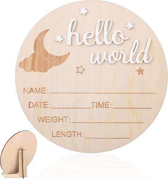 Houten Hello World-Bord voor Pasgeborenen, 14,8cm Geboorteaankondigingsbord Babynaambord Geboortestatistiekenbord Jongens en Meisjes Schattige Fotoprop voor de Kinderkamer en Het Ziekenhuis van Lina & Lily