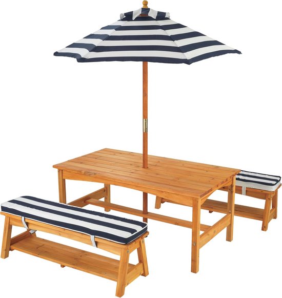 Houten picknicktafel met bankenset voor buiten met kussens en parasol - ideaal tuinmeubilair voor kinderen van Houten