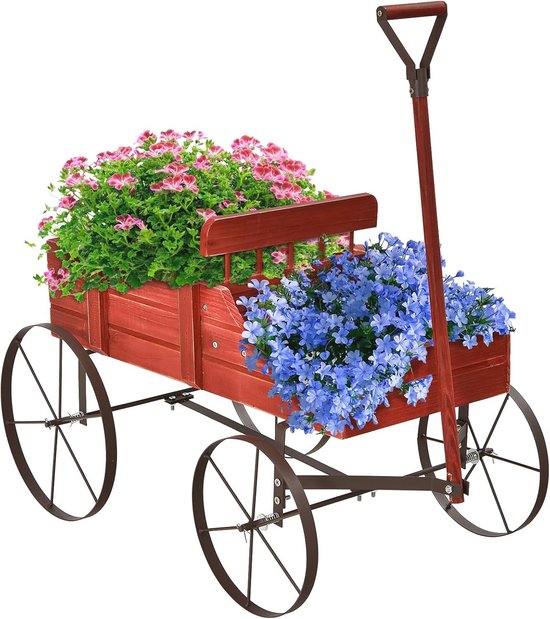 Houten Plantenwielwagen met Wielen en Handvat - Bloembak voor Tuin en Buiten, 62 x 34 x 60 cm van Merkloos	