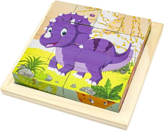 Houten puzzel - kubuspuzzel - 3D-fotopuzzel - houten puzzel met 6 diermotieven in 1 - Montessori-speelgoed - educatief speelgoed voor jongens en meisjes van 1 tot 3 jaar - dinosaurus van Merkloos	