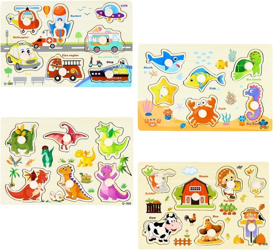 Houten Puzzel voor Peuters 12-36 Maanden - 4 Stukjes - Niet-toxisch Educatief Speelgoed - Thema's Boerderij - Dinosaurussen - Transport - Oceaan - Veilige Puzzel voor Jongens en Meisjes van Merkloos	