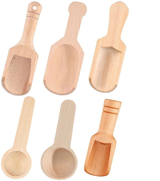houten schep, 6 stuks mini-zoutlepels, kruidenlepels voor badzout, mini-bamboelepel, doseerschep van hout, voor badzout, theelepel, waspoederlepel, suikerlepel van hout