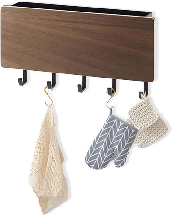 Houten Sleutelhouder en Post Organizer, met 5 Haken, Voor aan de Muur, Decoratief voor Ingang/Deur, Huisdecor (Walnotenhoutkleur)