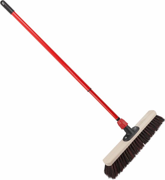 Houten straatbezem/buitenbezem Arenga 40 cm met metalen telescoopsteel rood 80 - 130 cm - Harde buitenbezems van Vero.