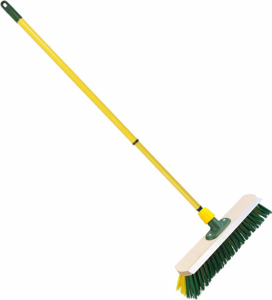 Houten straatbezem/buitenbezem elaston 40 cm met metalen telescoopsteel geel 80 - 130 cm- Harde buitenbezems van Veropleeg