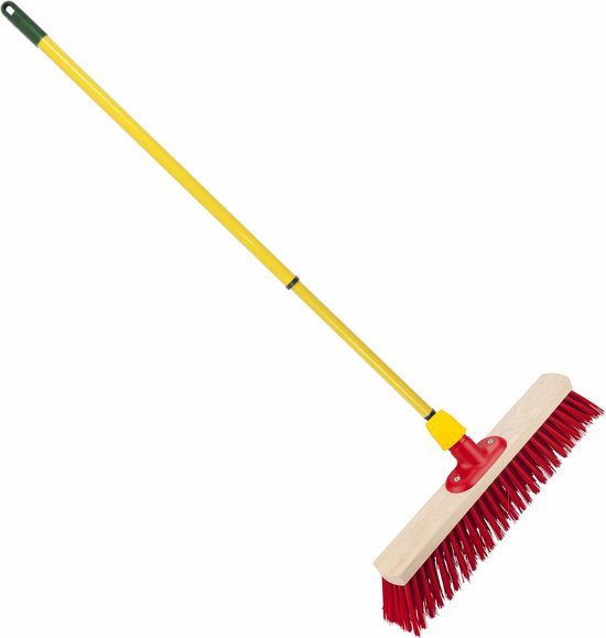 Houten straatbezem/buitenbezem rood elaston 40 cm met metalen telescoopsteel geel 80 - 130 cm - Harde buitenbezems van Aromax