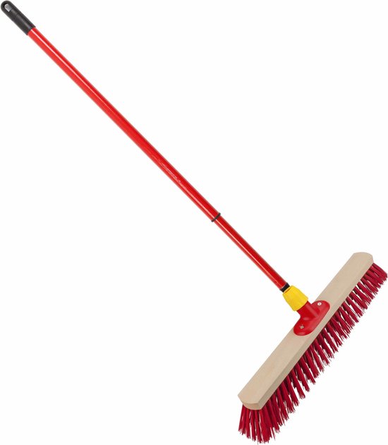 Houten straatbezem/buitenbezem rood elaston 50 cm met metalen telescoopsteel rood 80 - 130 cm - Harde buitenbezems van Kreator