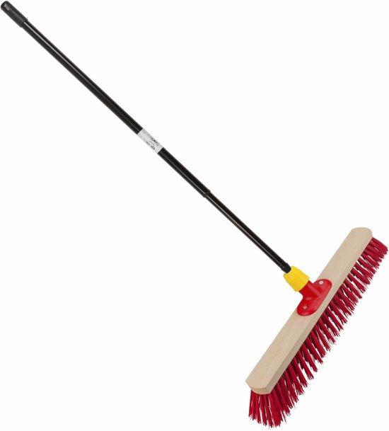 Houten straatbezem/buitenbezem rood elaston 50 cm met metalen telescoopsteel zwart 80 - 130 cm - Harde buitenbezems van Vero.