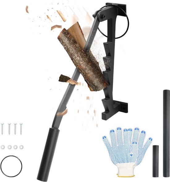 Houtkloofmachine - Houtklover – Houtsplijter – Houtkliever – Kloofmachine – Milieuvriendelijke Kloofwig – Houtklover voor Aanmaakhout – Splijtwig – Met 2 Afneembare Handgrepen – Incl Handschoenen - Zwart van Merkloos	