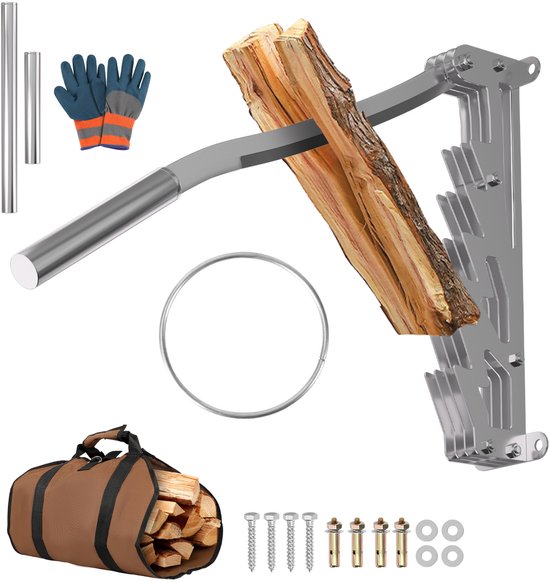 Houtklover wandmodel voor aanmaakhout – handmatige houtsplijter met verlengde hendel – zilver – incl. handschoenen en houttas