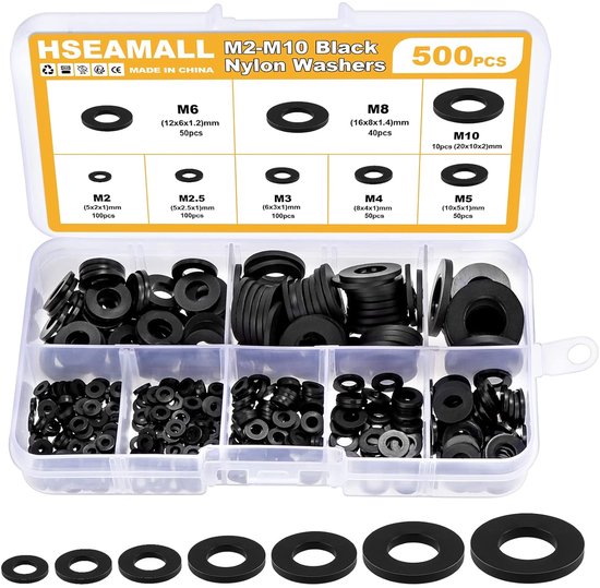 HSeaMall 500pcs Black Nylon Insulating Flat Disk Round Spacer Washer Assortment Kit for M2 M2.5 M3 M4 M5 M6 M8 M10 Screw (500 Pieces, Black Nylon, Flat Washer) van HSEAMALL