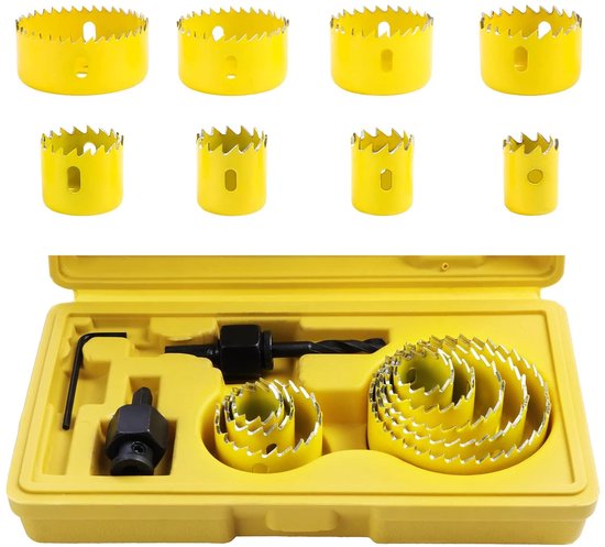 HSEAMALL 8-Piece Hole Saw Set, 19-64 mm, Carbon Steel, Drilling Tools for Wood, Drywall, Plastic, Yellow van HSEAMALL