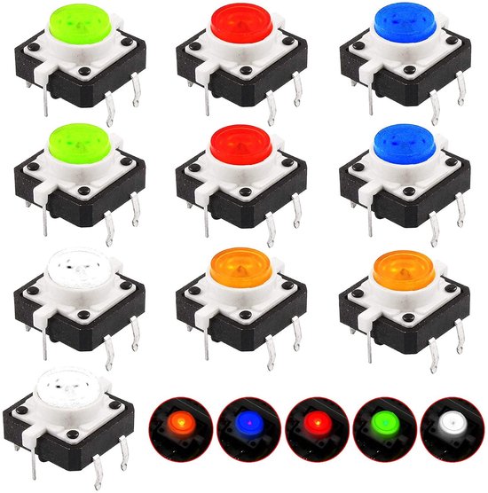 HUAZIZ 10 stuks mini-micro-led-drukknopschakelaars Momentané miniatuur Momentary Touch Touch Switch met drukknop (12 x 12 x 7 mm) van Merkloos	