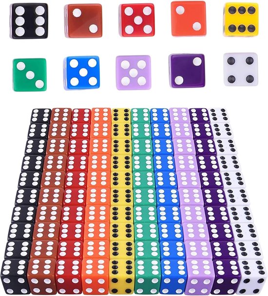 HUAZIZ 100 pieces colorful dice, set of 6 sides, 10 colors, 12 mm, colorful dice, square corner van Merkloos	