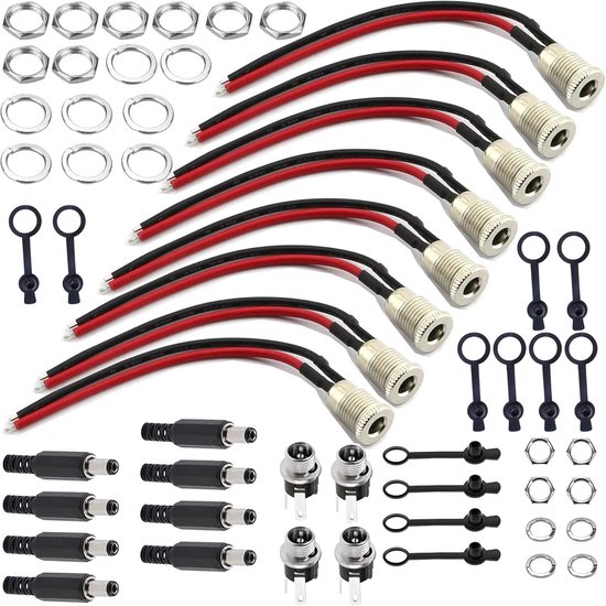 HUAZIZ 16 stuks 5,5 x 2,1 mm DC Power Jack aansluiting, adapter voor paneelmontage, met soldeerlijn van HUAZIZ