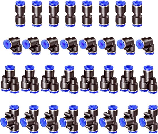 HUAZIZ 32 stuks pneumatische Push to Connect fittingen, pneumatische armaturen kit 8 stuks spliters + 8 stuks elleboog+8 stuks thee + 8 stuks recht (OD 10 mm) van Merkloos	