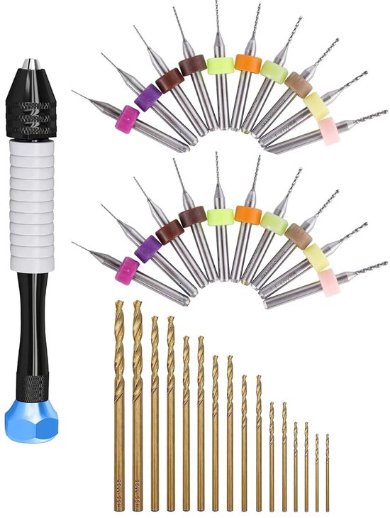 HUAZIZ 37-delige mini-handboorset, inclusief 16 stuks spiraalboren, 1 stuks handboor, 20 stuks mini-boormachines voor PCB, boorgereedschapsset voor modelbouw, doe-het-zelf handwerk, carving van Merkloos	