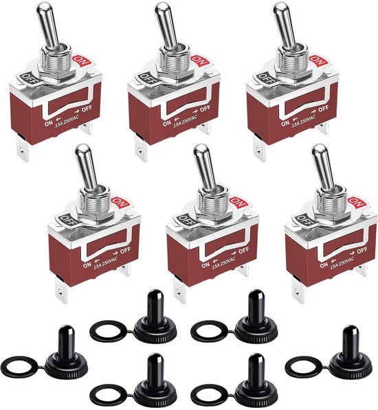HUAZIZ 6 Pcs Rocker Switches 15 A/250 VAC On/Off Rocker Switch SPST 2 Pin Rocker Switch with Waterproof Protective Cover for Car, Truck, Boat van Merkloos	