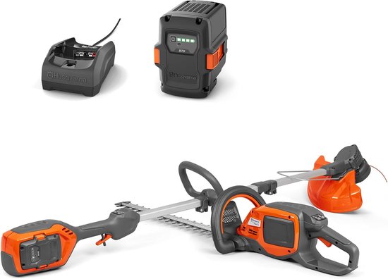 Husqvarna 215iL grastrimmer en 215iHD45 heggenschaar inclusief 40-B70 accu en 40-C80 oplader. Praktische set met heggenschaar, grastrimmer, accu en oplader.