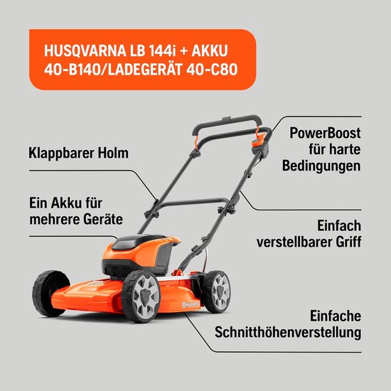 Husqvarna LB 144i accu-mulchmaaier inclusief accu en oplader, 44 cm BioClip, lichtgewicht en geschikt voor kleine en middelgrote tuinen