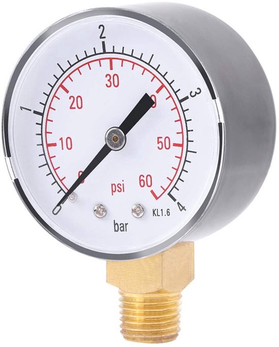 Hydraulische Luchtdrukmeter - 1/4 inch NPT - 0-4 bar/0-60 psi - Voor Zwembaden - Grondmontage - Mechanische Schalen - Drukmeter - Brandstofolie - Lucht- of waterdrukmeter