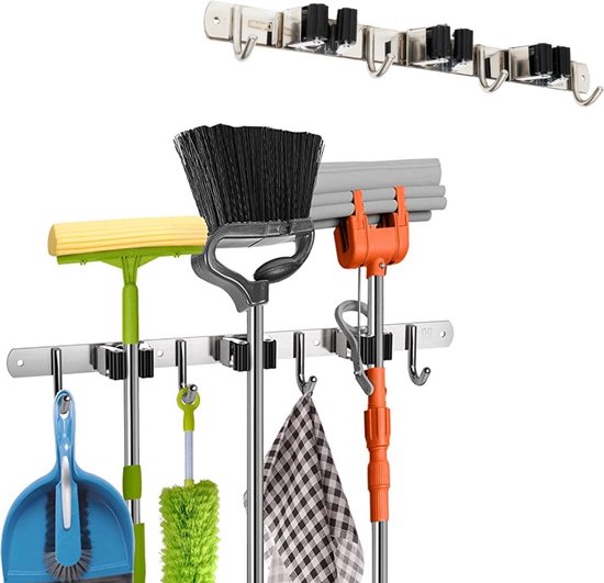 iBright Bezemhouder - RVS - Ophangsysteem Gereedschap- Tuingereedschap organizer - Wandhouder - 4 Ophanghaakjes van iBright