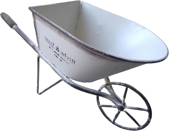 Ijzeren Kruiwagen Planter - Bloempot Wiel - Tuin Decoratie - Vintage Stijl - 31x17x14cm - Wit