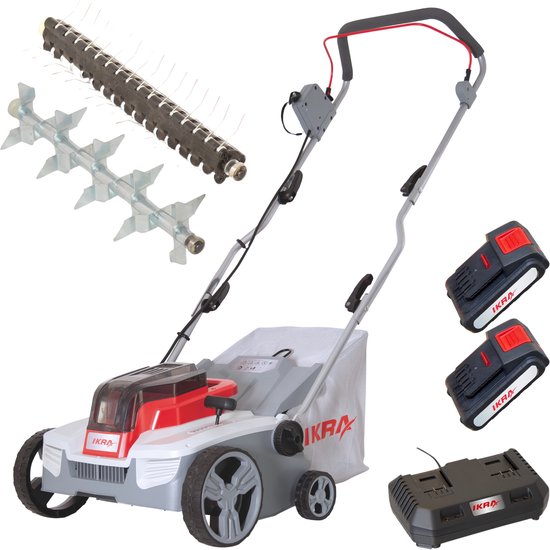 IKRA 3-in-1 accu-verticuteermachine en gazonbeluchter IAVL 2-2032, 32 cm werkbreedte, werkdiepte +3 tot -9 mm, 30l opvangzak, 2 x 20V (2,0 Ah) accu’s & snellader van IKRA