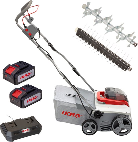 IKRA 3-in-1 accu-verticuteermachine en gazonbeluchter IAVL 2-2040, 40 cm werkbreedte, Werkdiepte +12 tot -3 mm, 40l opvangzak, 2 x 20V (4,0 Ah) accu’s & snellader