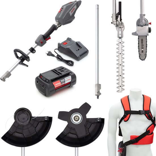 IKRA Bosch 36V 4-in-1 accu-multitool IB-MT 36 met grastrimmer, bosmaaier, telescopische heggenschaar en hoogsnoeier, 36V accu (4,0 Ah) en oplader