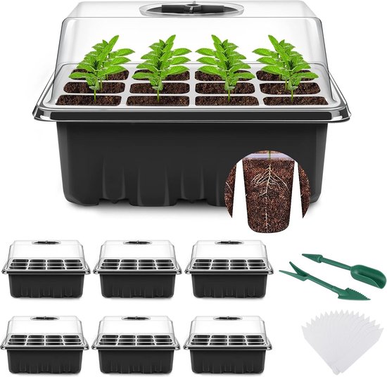 Indoor Greenhouse Propagation Box, 6-delige 72-Cell Mini Greenhouse Propagation Set, Seedling Starter Trays, Greenhouse Propagation Tray met deksel en ventilatie voor zaailingplanten, Zwart van Gardlip