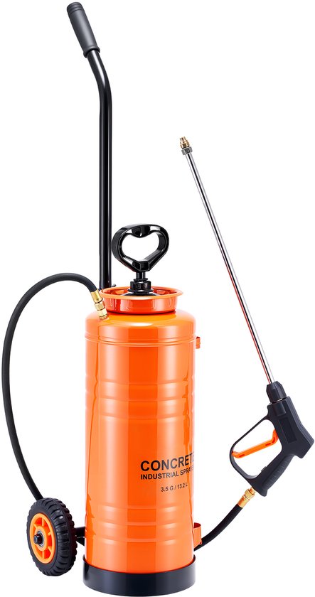 Industriële betonspuit met verrijdbaar onderstel, roestvrijstalen tank van 13,2 liter, duurzame Tri-Poxy-pomp, 52 cm lange spuitlans, slangen van 122 cm en 305 cm, 2 messing spuitmonden voor bouw-, gazon- en tuintoepassingen
