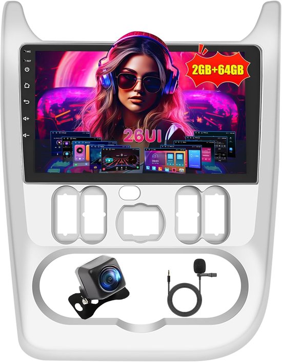 Inefala autoradio voor Renault Logan 1 Sandero 2009-2015/Dacia Duster 2010-2017, Android 2G+64G, draadloos CarPlay & Android Auto, 2 Din radio met GPS/WiFi/Bluetooth/USB/RDS/FM MIC achteruitrijcamera