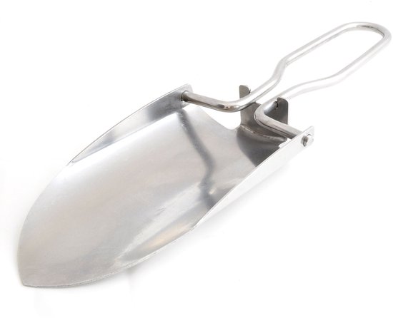 inklapbare mini handschep klapschep van roestvrij staal, zilver, openklapbaar met stevige rondgreep, compact 115 mm x 70 mm x 20 mm, lengte 220 mm, met stofetui